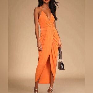 Dreamy Date Orange Surplice Midi Dress